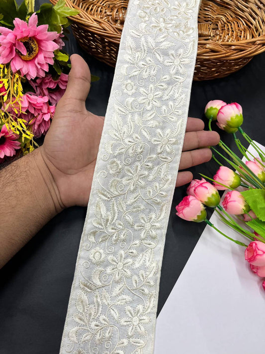 Cotton Threads Embroidered Lace Trim – Elegant Thread Work Border for Sarees, Lehengas & Dupattas (9 Meter, 4 Inch Width) | Off White