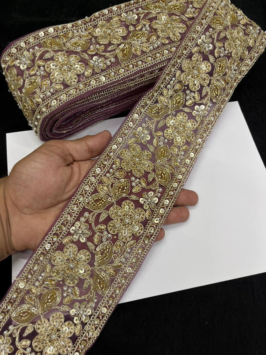 Designer Maggam Work Saree Lace on Net Fabric – Handcrafted Embroidered Lace Border for Sarees, Blouses & Lehengas (3.5 Inch) | Onions