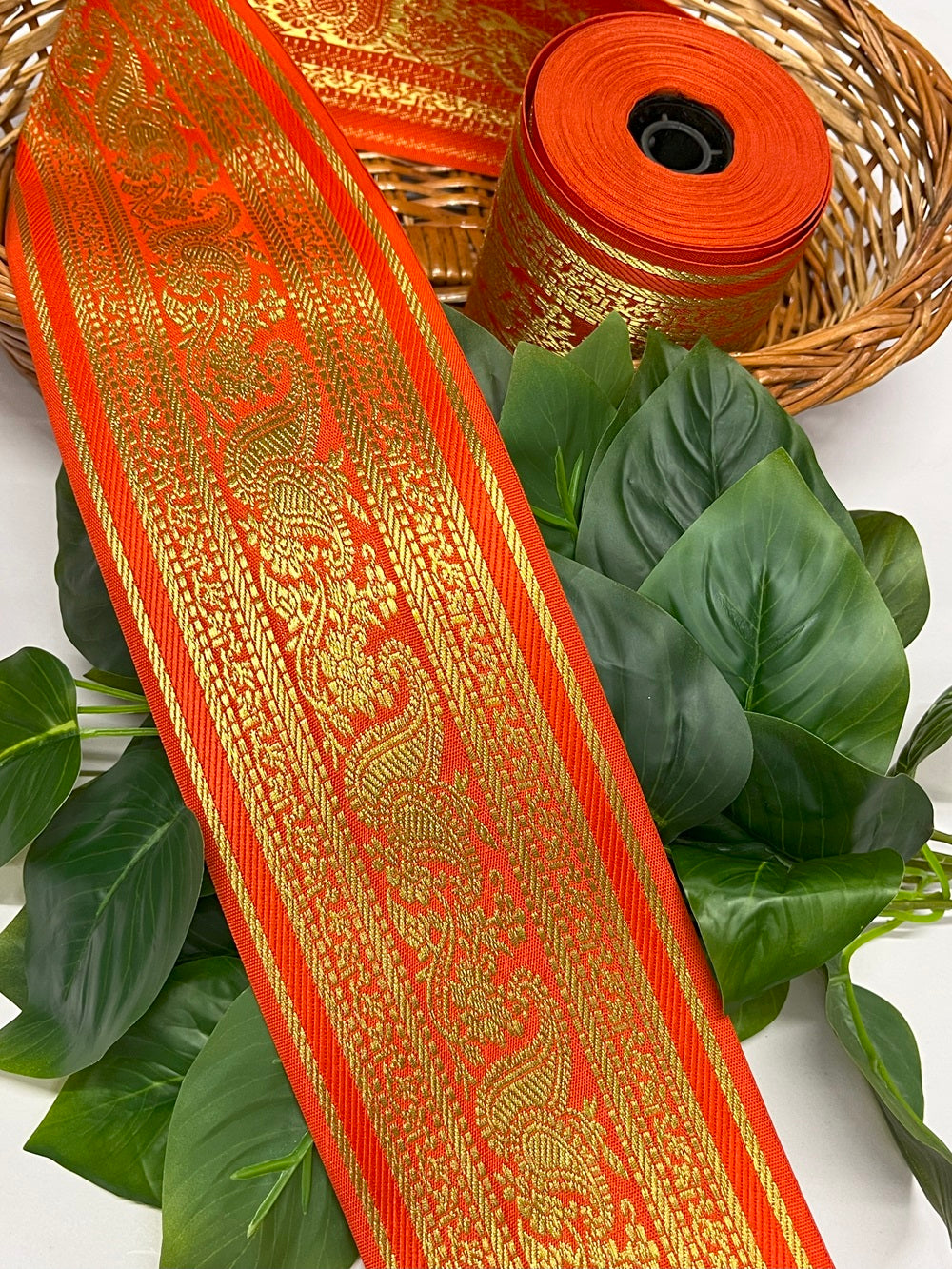 Mango Banarasi Border – 9 Meter, 4 Inch Width – Traditional Embellished Banarasi Lace, Orange