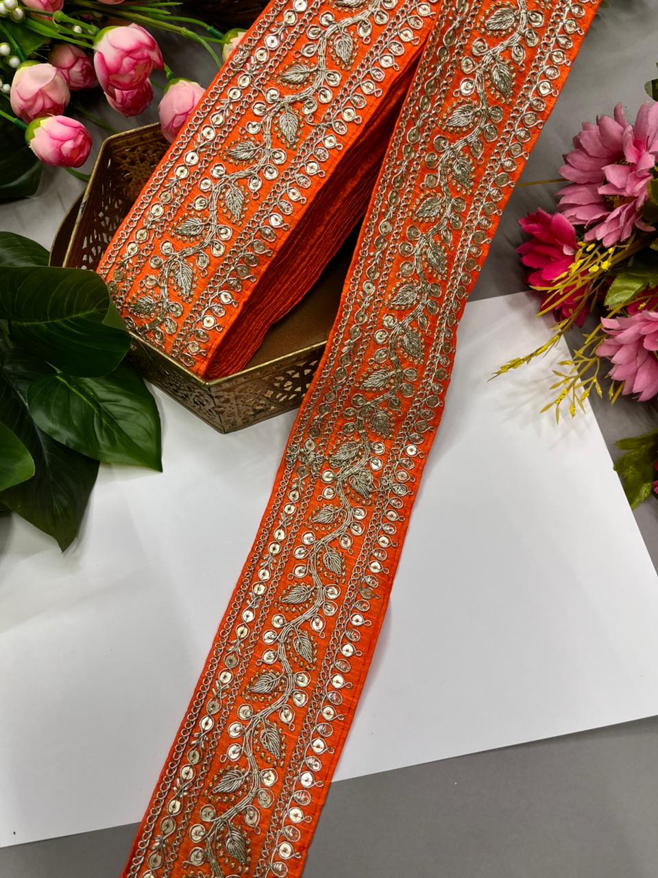 Silk Based Embroidered Saree Lace & Borders – Premium 2 Inch Decorative Lace for Ethnic & Festive Wear (9 Meter) | Orange