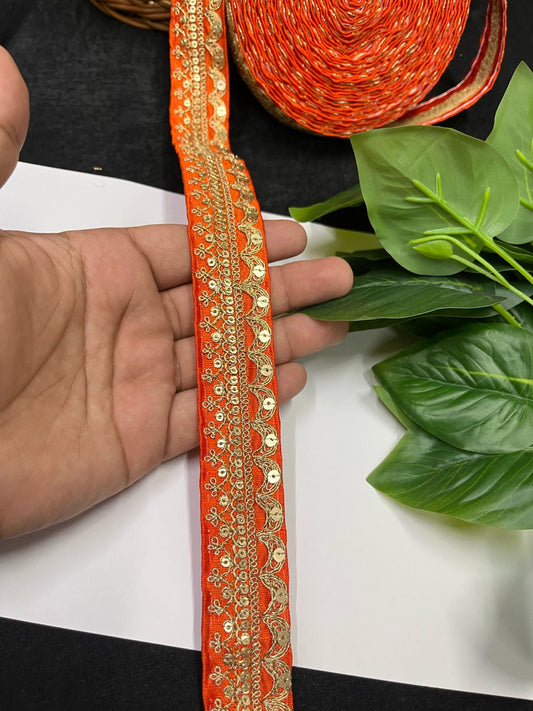 Gold Embroidered Saree Laces for Sarees, Kurtis, Dupattas, Dresses & Lehengas – 9 Meters, 1.25-Inch Decorative Border | Orange