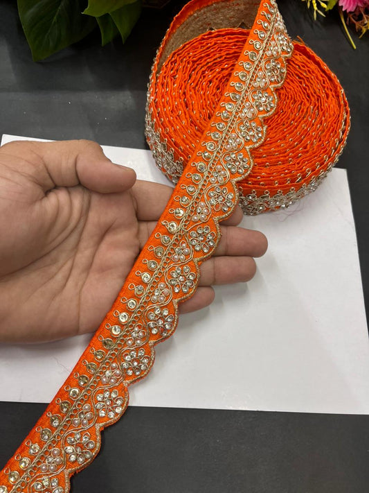 Scalloped Stonework Designer Laces – Elegant Embroidered Border Trim for Sarees, Dupattas & Lehengas (9 Meter, 1.5 Inch Width) | Orange