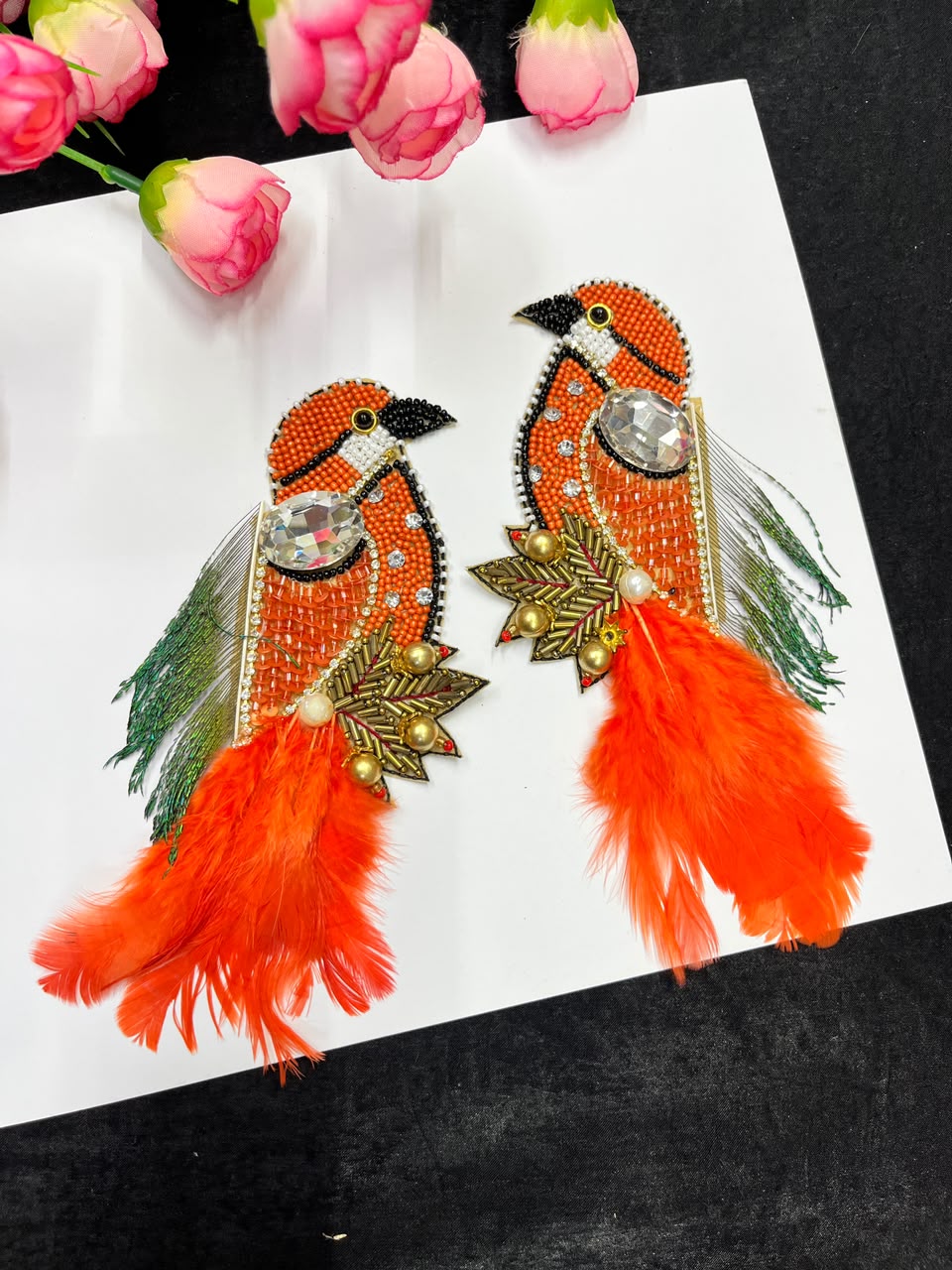 Handcrafted Feather Bird Patches for Sarees, Lehengas, Blouses & Dresses – Designer Bird Applique Set of 2 | DC1045 | Orange