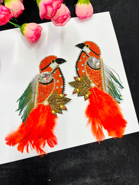 Handcrafted Feather Bird Patches for Sarees, Lehengas, Blouses & Dresses – Designer Bird Applique Set of 2 | DC1045 | Orange