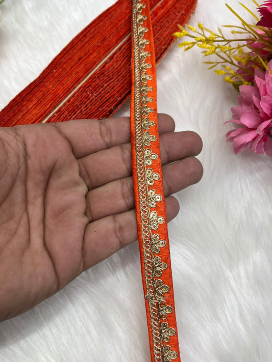 Embroidered Designer Lace, Indian Wedding Trims, Saree Border, Lace Reel 9 Meter (0.5 Inch Width) | Orange