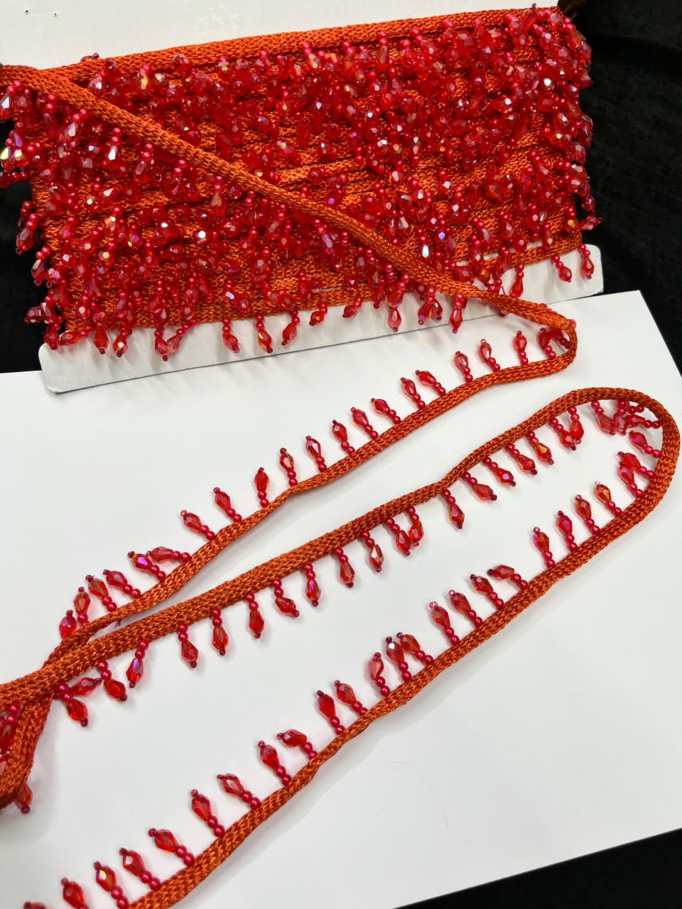 Crystal Drop Latkan Lace for Dupattas, Blouses, Sarees & Lehengas – Designer Hanging Crystal Lace Border (1 Inch) | DC1047 | Orange