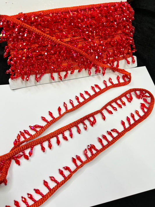 Crystal Drop Latkan Lace for Dupattas, Blouses, Sarees & Lehengas – Designer Hanging Crystal Lace Border (1 Inch) | DC1047 | Orange