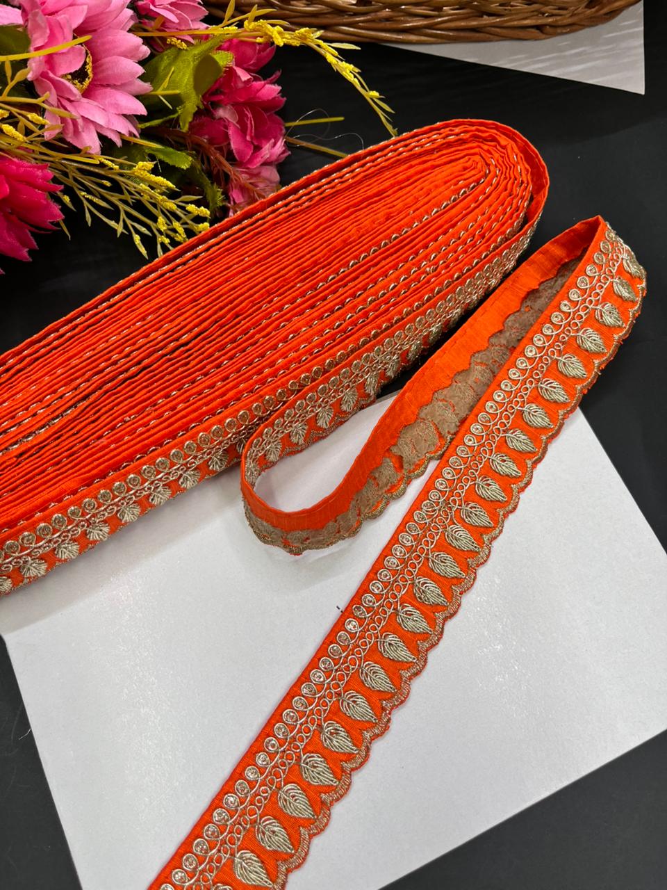 Embroidered Zari Lace Border for Saree, Lehenga & Craft Projects – Designer 1 Inch Embroidery Lace for Ethnic Wear (9 Meter) | Orange