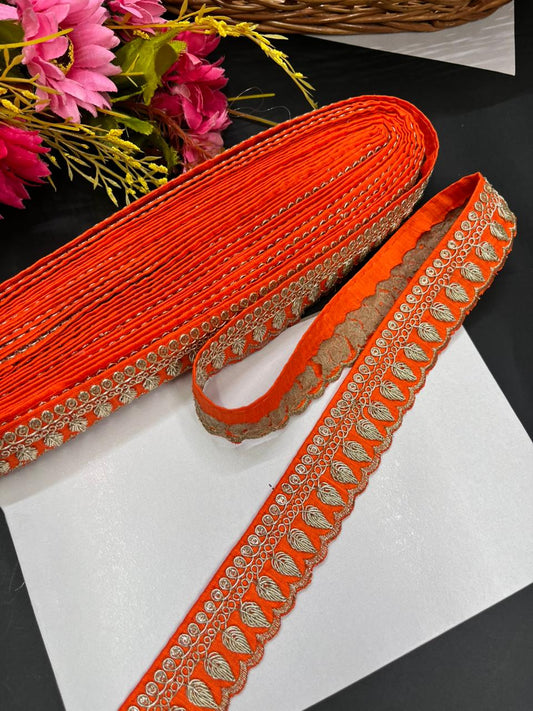 Embroidered Zari Lace Border for Saree, Lehenga & Craft Projects – Designer 1 Inch Embroidery Lace for Ethnic Wear (9 Meter) | Orange