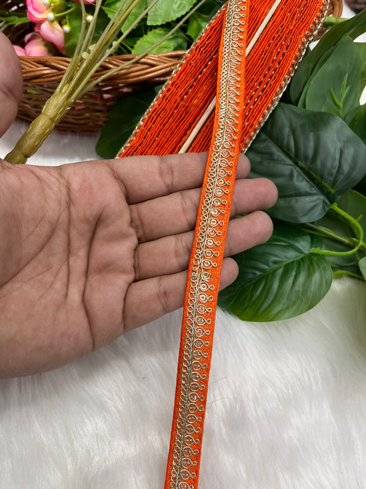 Embroidered Designer Lace - Indian Wedding Trims, Saree Border, Lace Reel 9 Meter (0.5 Inch Width) | Orange