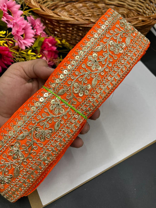 Embroidered Zari Lace Border for Saree, Lehenga & Craft Projects – Heavy 3 Inch Designer Embroidery Lace for Ethnic Wear (9 Meter) | Orange