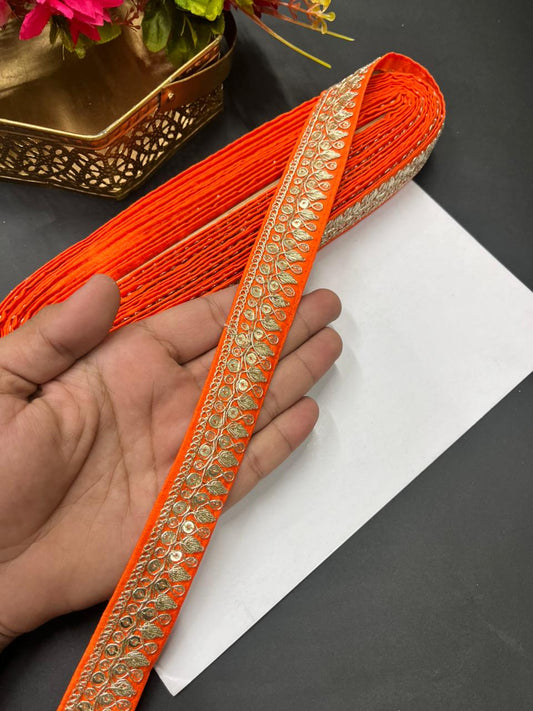 Zari Embroidered Silk Lace – Premium Designer Border for Sarees, Lehengas & Dupattas (9 Meter, 1 Inch Width) | Orange