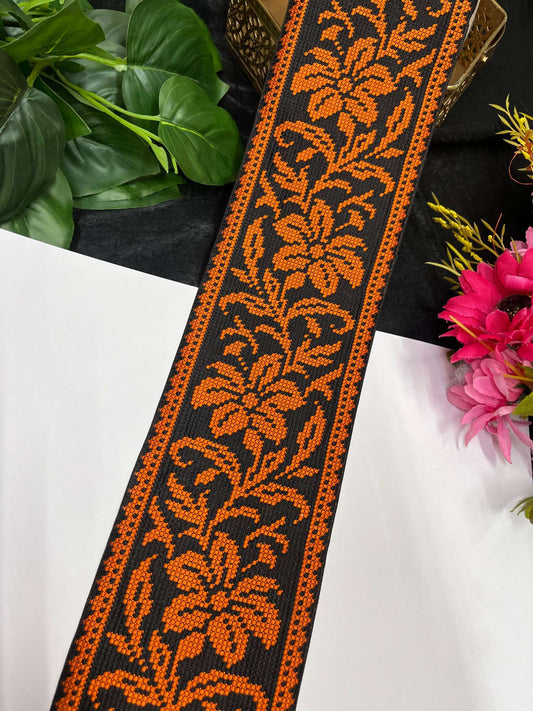 Cross Stitch Jacquard Border – 9 Meters, 4-Inch Thread Embroidered Lace for Sarees, Lehengas & Dupattas | Orange