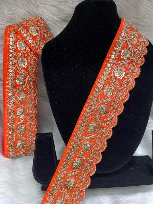 Designer Embroidery Saree Lace | Dupatta Lace | Lehenga Border – 9 Meters, 2-Inch Wide Embroidered Trim | Orange