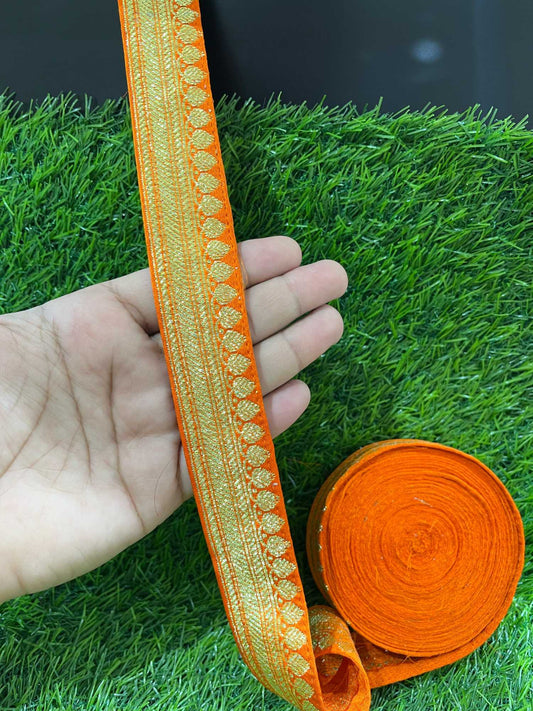 Banarasi Handloom Vintage Pure Silk Border – 9 Meters, 1-Inch Traditional Zari Lace Trim for Sarees & Lehengas | Orange