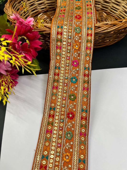 Sabyasachi Inspired Embroidery Lace for Sarees & Dupattas – 3 Inch Wide Lace Border (9 Meter) | Orange