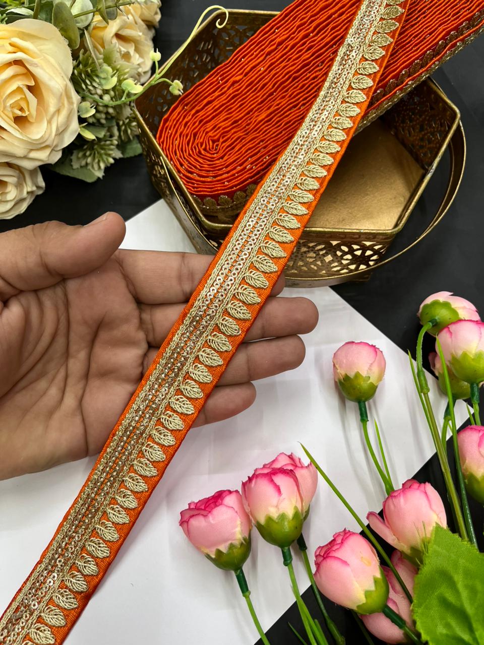 Elegant Embroidered Silk Saree Lace Borders – Premium 1 Inch Designer Border for Dupattas, Lehengas & Festive Wear (9 Meter) | Orange