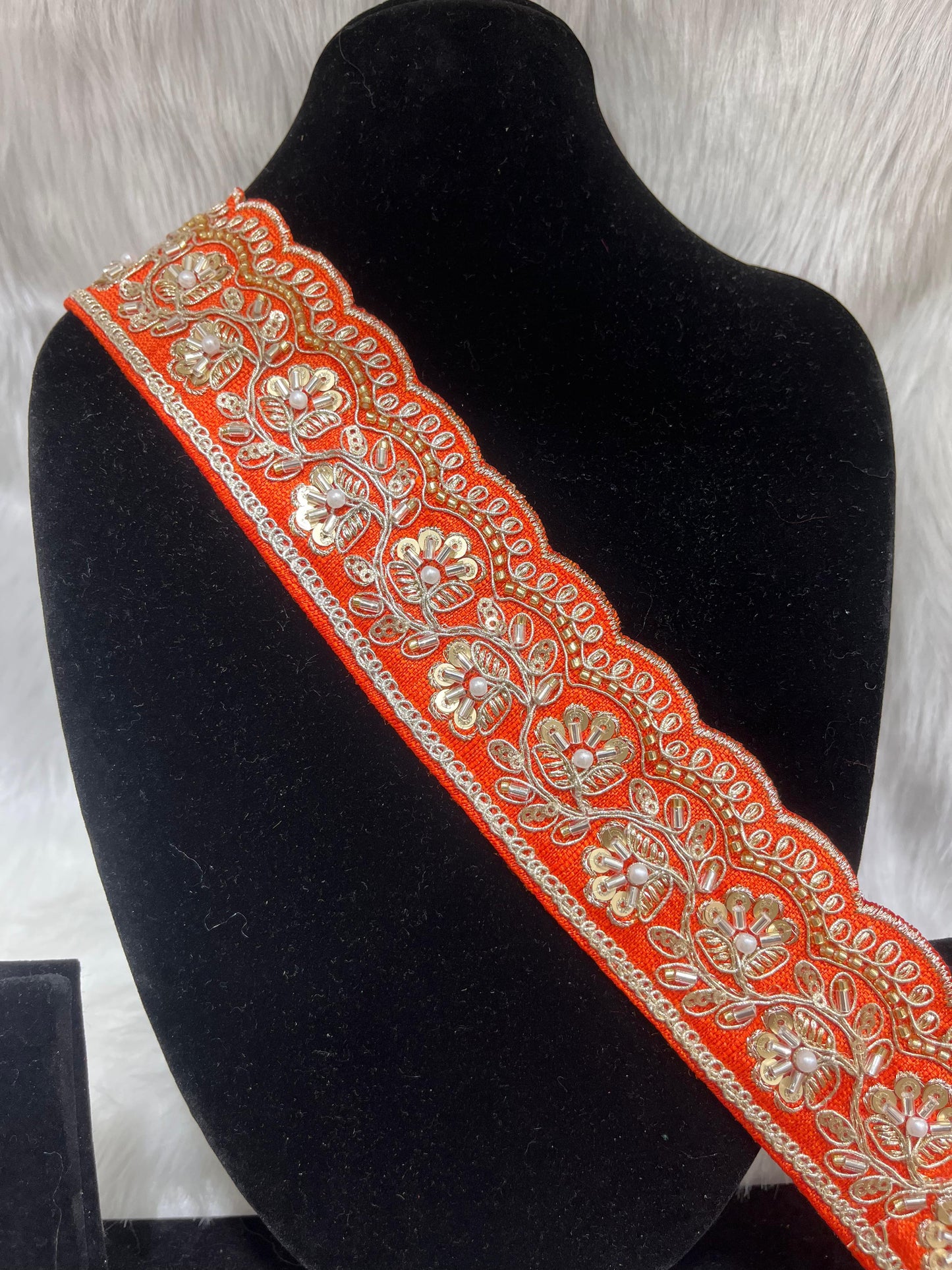 Designer Maggam Work Lace Border – 9 Meters, 2-Inch Width, Handcrafted Embroidery | Orange