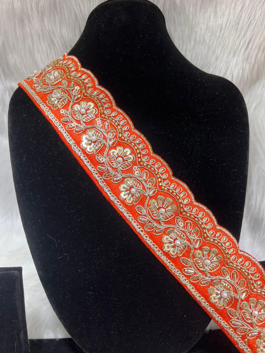 Designer Maggam Work Lace Border – 9 Meters, 2-Inch Width, Handcrafted Embroidery | Orange
