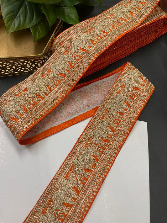 Embroidered Laces for Sarees & Bridal Wear – Premium Designer Border Trim for Dupattas & Lehengas (9 Meter, 3 Inch Width) | Orange