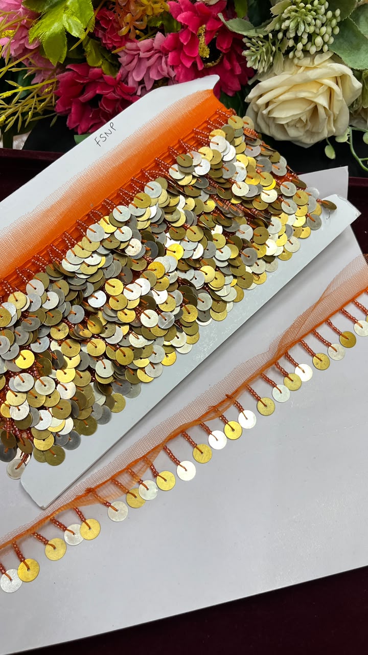 Sabyasachi Style Metal Coin Latkan Lace for Sarees, Lehengas, Dupattas & Blouses – Designer Hanging Coin Lace Border (1 Inch) | DC1070 | Orange