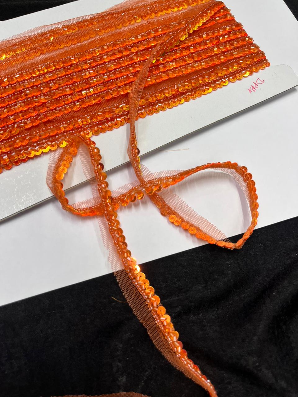 Handmade Sequins Lace Trim for Sarees, Blouses & Dresses – Narrow Handwork Embroidered Lace Border (1 cm) | Orange