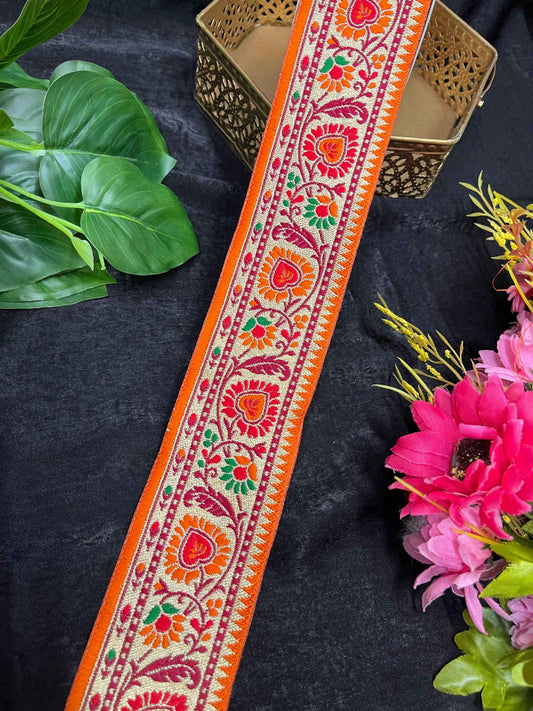 Regal Banarasi Lace – 9 Meters, 2-Inch Traditional Zari Embroidered Border for Sarees, Lehengas & Dupattas | Orange