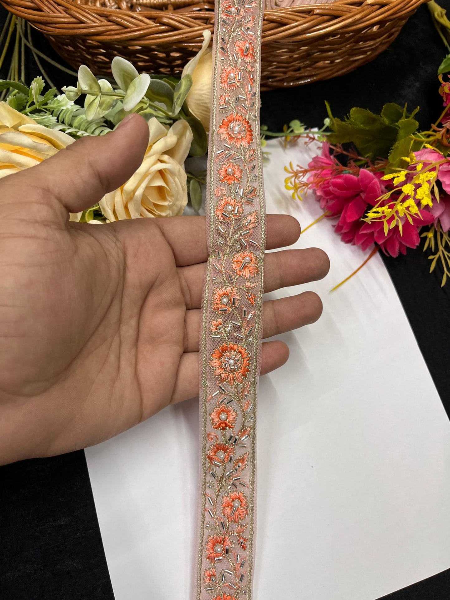 Resham Work Katdana Saree Laces – 9 Meters, 1-Inch Thread Embroidered Border Trim for Sarees, Lehengas & Dupattas | Orange