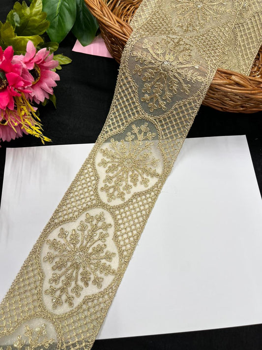 Designer Style Gold Embroidered Sequins Zari Lace – Premium Bridal Gold Embroidered Lace | Pal Mat