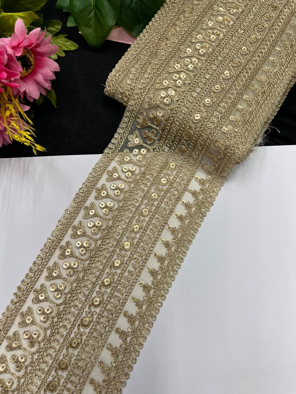 Designer Style Gold Embroidered Sequins Zari Lace – Premium Bridal Gold Embroidered Lace | Pal Mat