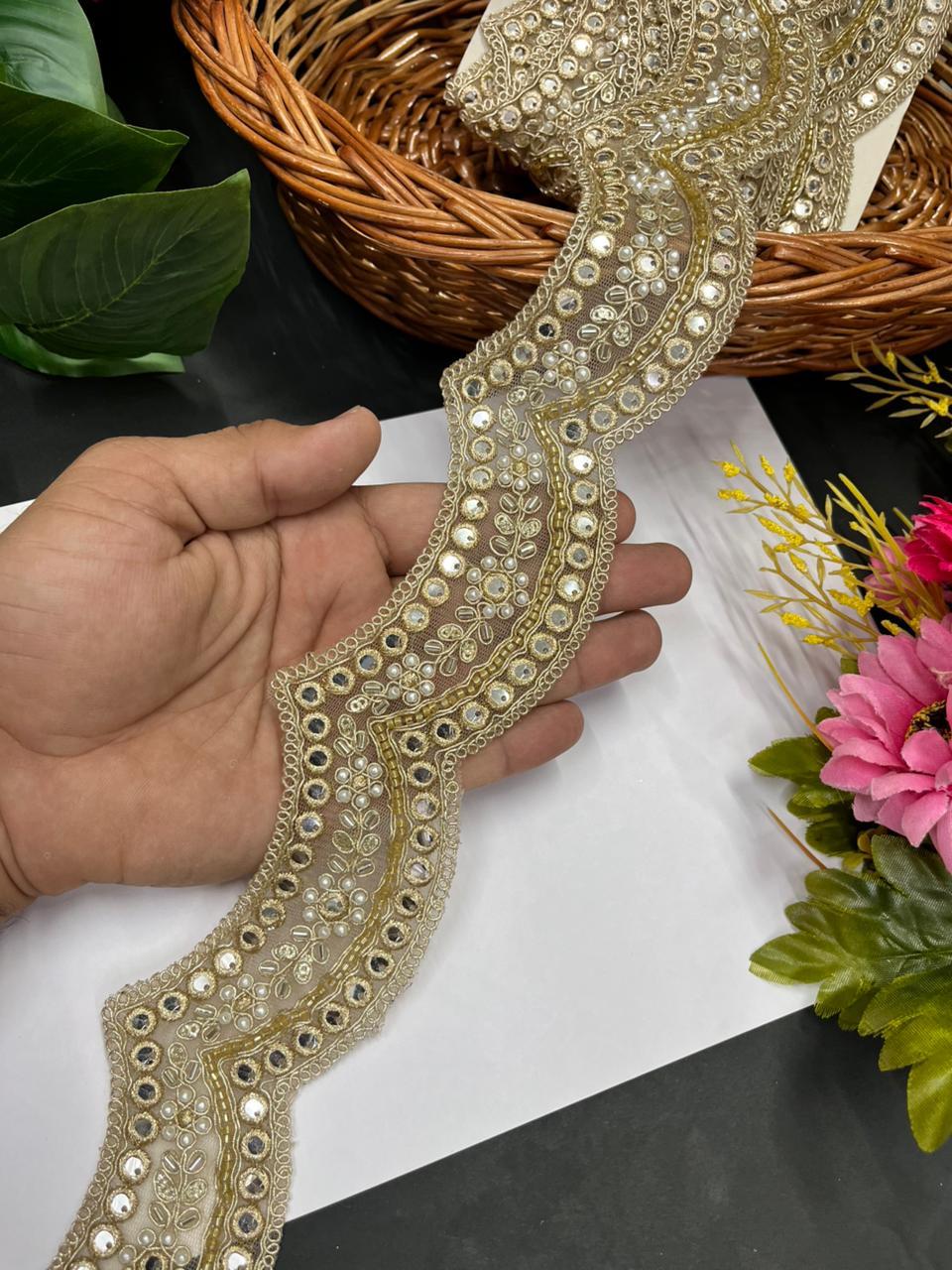 Scalloped Mirror Cutdana Work Saree Lace – Premium Golden Embroidery Lace Border for Ethnic Wear | Pal Mat