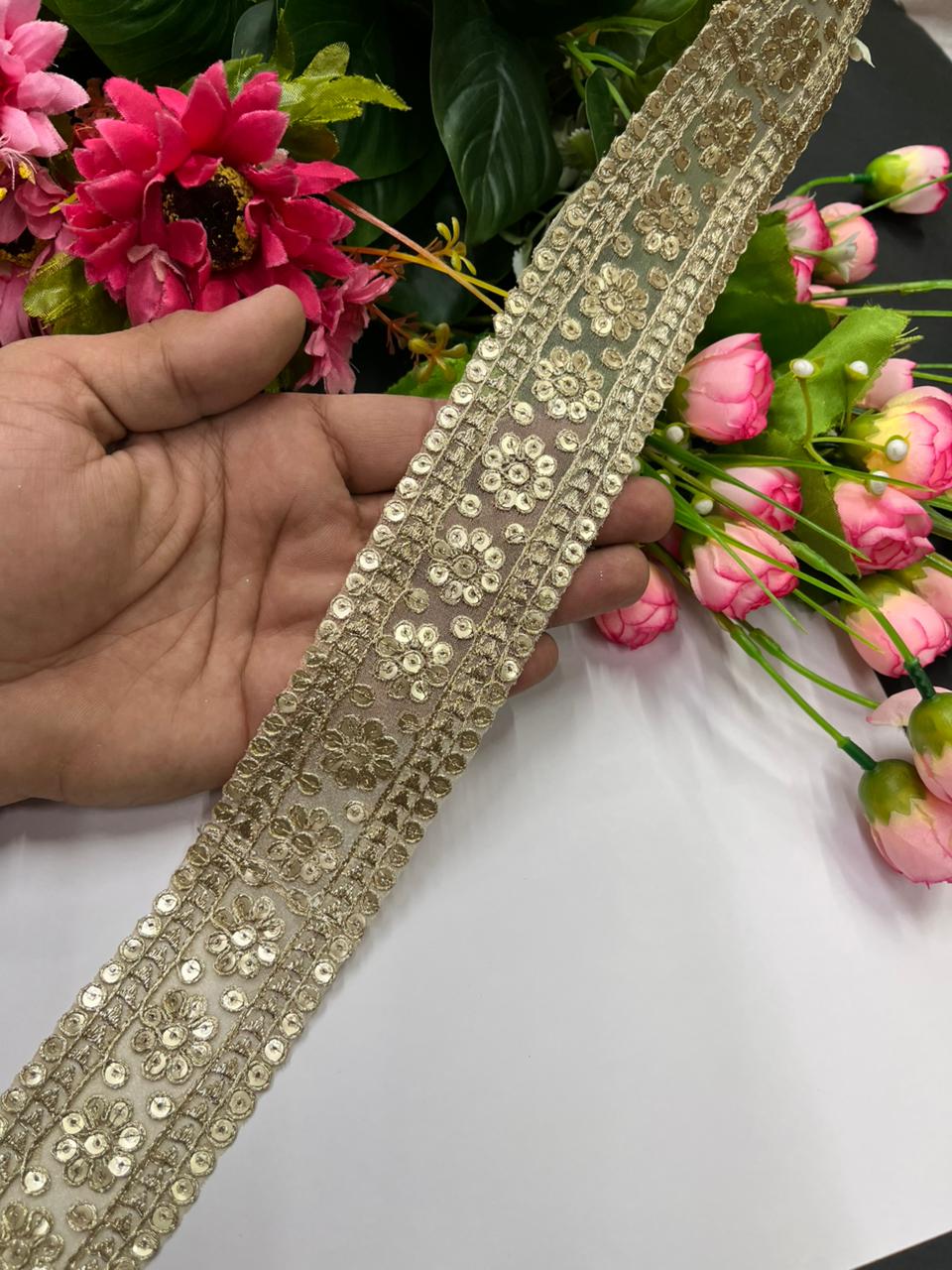 Flower Design Sequins Embroidered Zari Laces – Premium 2 Inch Gold Designer Border for Sarees, Lehengas, Dupattas & Festive Wear (9 Meter) | Pal Mat