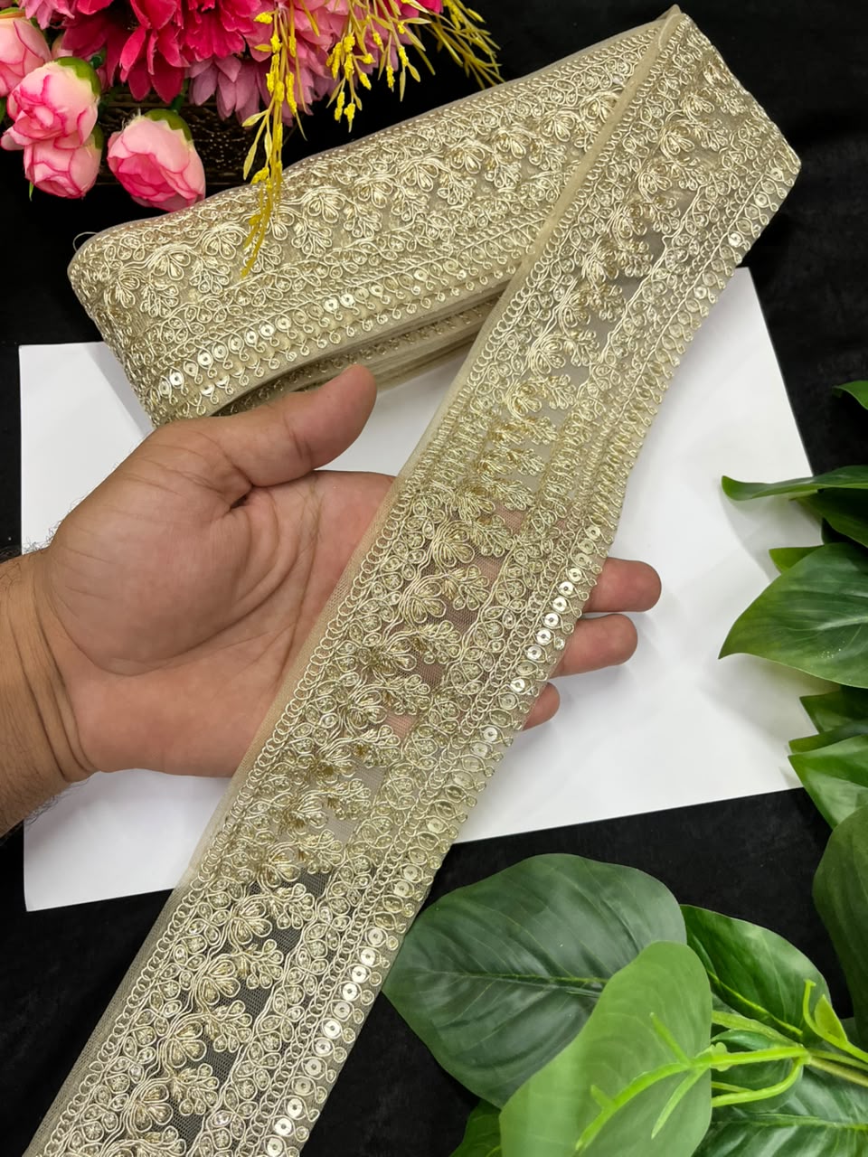 Golden Zari Embroidered Lace for Sarees, Lehengas & Dupattas – Premium Designer Embroidered Lace Border for Boutique Owners & Fashion Designers (3 Inch) | Pal Mat