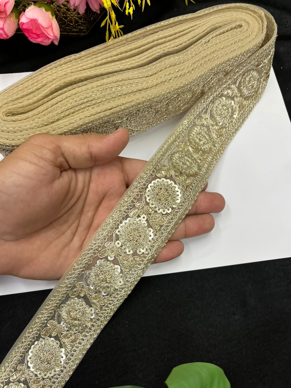 Golden Zari Embroidered Lace on Net Fabric for Sarees, Lehengas & Dupattas – Designer Embroidered Lace Border (1.5 Inch) | Pal Mat