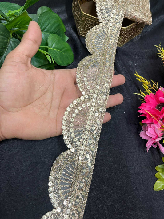 Elegance Gold Sequin Scallop Lace – 9 Meters, 2-Inch Embroidered Border for Sarees, Lehengas & Dupattas | Pal Mat