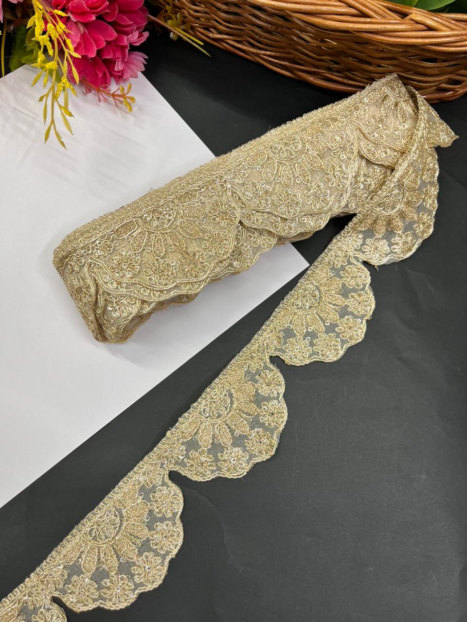 Scalloped Embroidered Zari Lace Border for Sarees – Premium Gold Designer Lace for Dupattas, Lehengas & Bridal Wear (9 Meter, 2 Inch Width) | Pal Mat