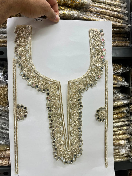 Designer Zardozi Mirror Work Neck Patch for Kurtis, Dresses & Blouses – Premium Handcrafted Embroidered Neckline Applique | DC1006 | Pani Gold