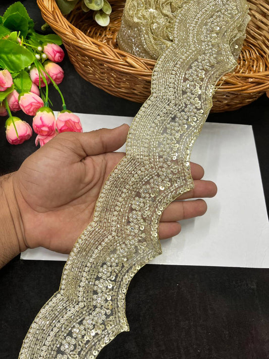 Beautiful Handcrafted Zardosi Stonework Scalloped Lace – Premium Designer Border Trim for Sarees, Lehengas & Dupattas (9 Meter, 3 Inch Width) | Pani Gold