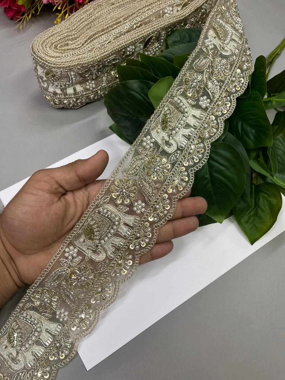 Elephant Design Beaded & Zari Work Embroidered Lace – Premium 3 Inch Gold Embroidered Decorative Border for Bridal & Festive Wear (9 Meter) | Pani Gold