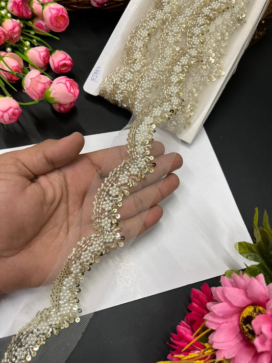Scallops Bead & Pipe Work Handcrafted Lace – Designer Handmade Border for Sarees, Lehengas & Dupattas (9 Meter, 1 Inch Width) | Pani Gold