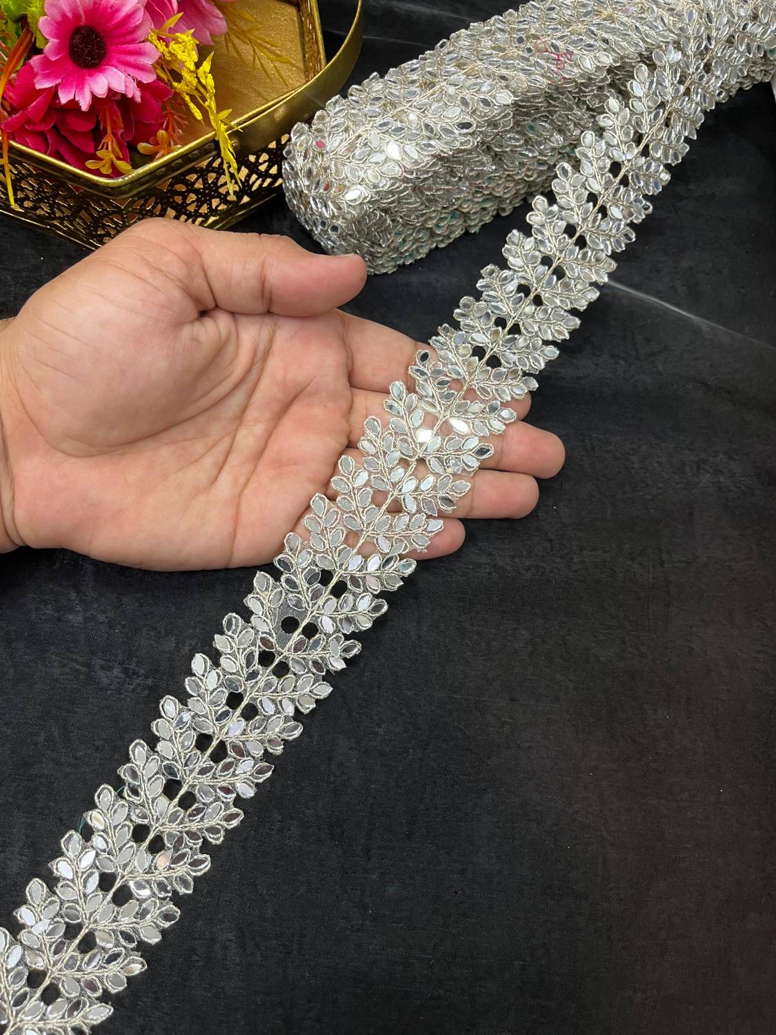 Gorgeous Real Mirror Designer Laces & Borders for Sarees, Dupattas & Craft Projects (9 Meter, 2 Inch Width) | Pani Gold