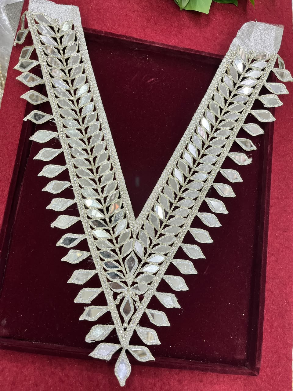Real Mirror Work Neck Patch for Kurtis, Dresses & Blouses – Designer Handcrafted Mirror Neckline Applique | DC0985 | Pani Gold