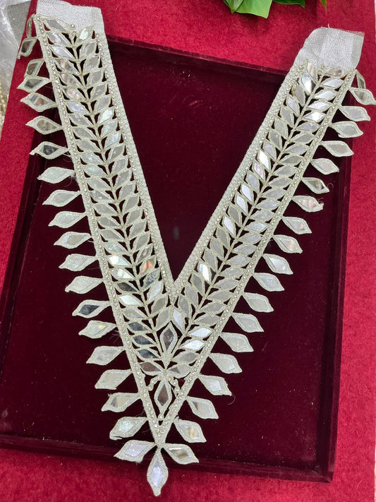 Real Mirror Work Neck Patch for Kurtis, Dresses & Blouses – Designer Handcrafted Mirror Neckline Applique | DC0985 | Pani Gold