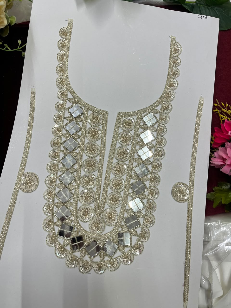 Handmade Mirror Work Neck Patch for Kurtis, Dresses & Blouses – Designer Handcrafted Mirror Neckline Applique | DC1005 | Pani Gold