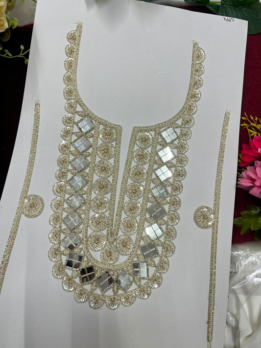 Handmade Mirror Work Neck Patch for Kurtis, Dresses & Blouses – Designer Handcrafted Mirror Neckline Applique | DC1005 | Pani Gold