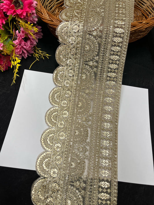 Scalloped Gold Embroidered Lehenga Lace Border – 9 Meters, 6.5-Inch Heavy Designer Trim for Sarees, Dupattas & Bridal Wear - Pani Gold