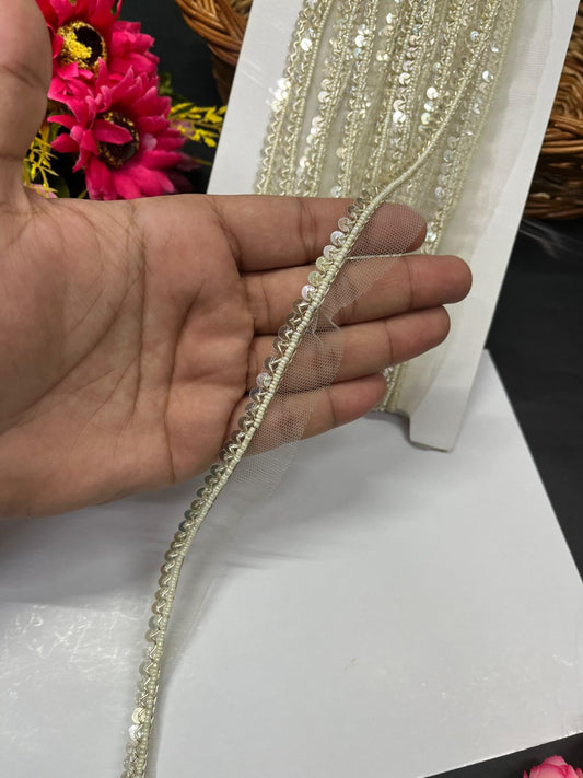 Handmade Sequence Lace with Pearl – Elegant Designer Border Trim for Sarees, Lehengas & Ethnic Dresses (9 Meter, 0.5 Inch Width) | Pani Gold