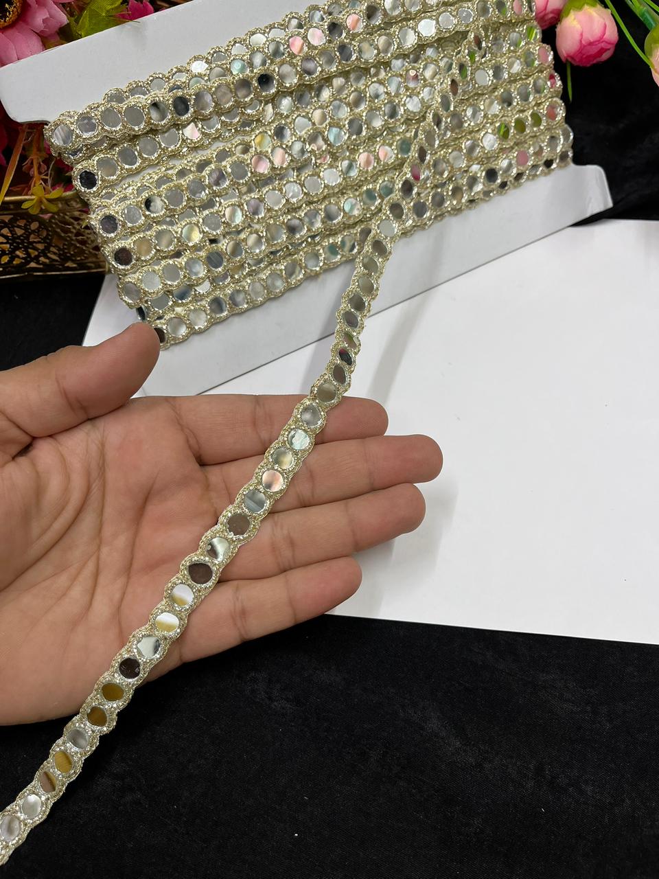 Handmade Real Mirror Work Lace Border for Sarees, Blouses & Dresses – Designer Mirror Lace Trim (Half Inch) | Pani Gold
