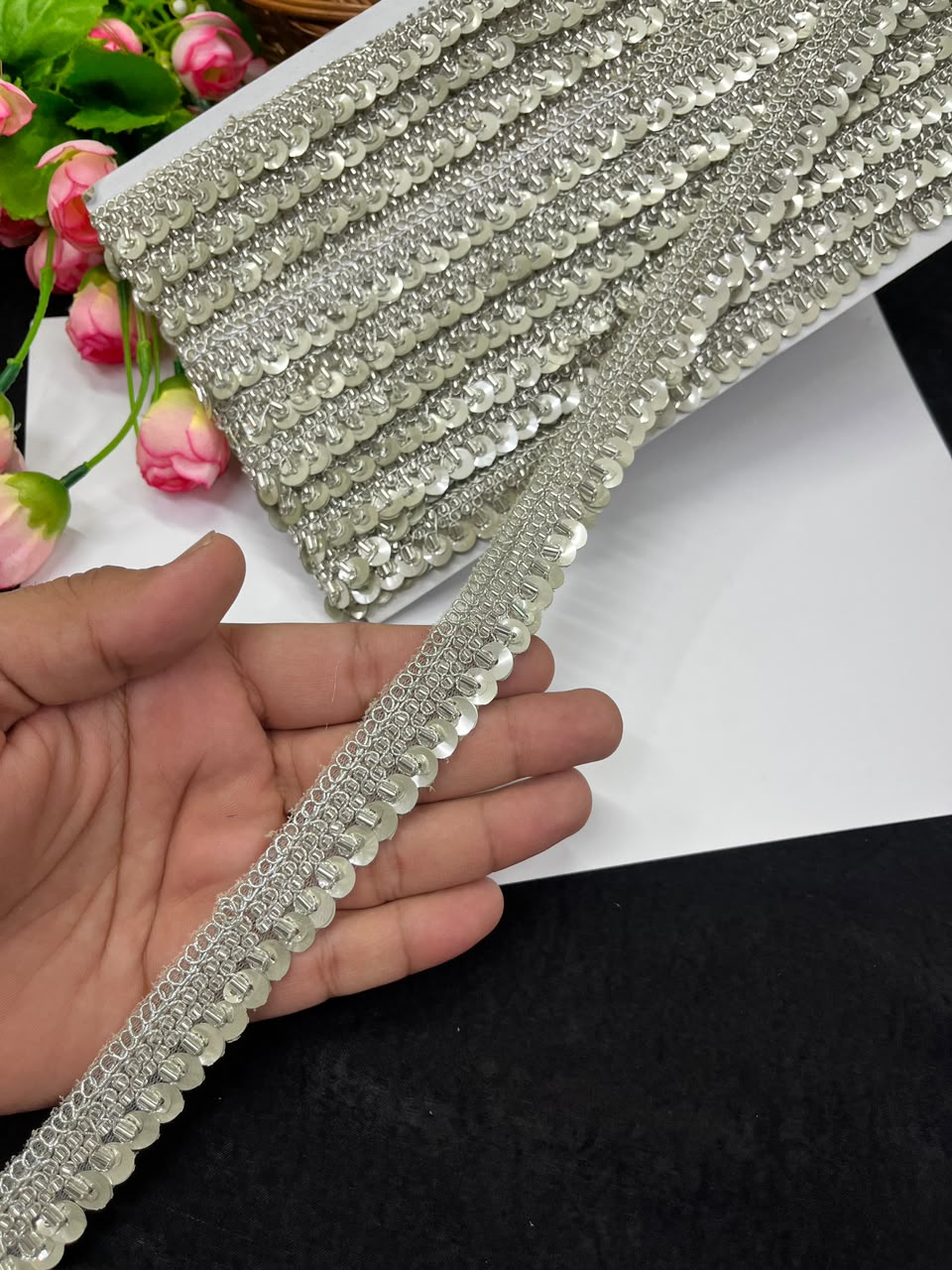 Sequence Embroidered Lace for Garments, Sarees, Lehengas & Dupattas – Designer Gold Embroidery Lace Border (Half Inch) | DC1035 | Pani Gold