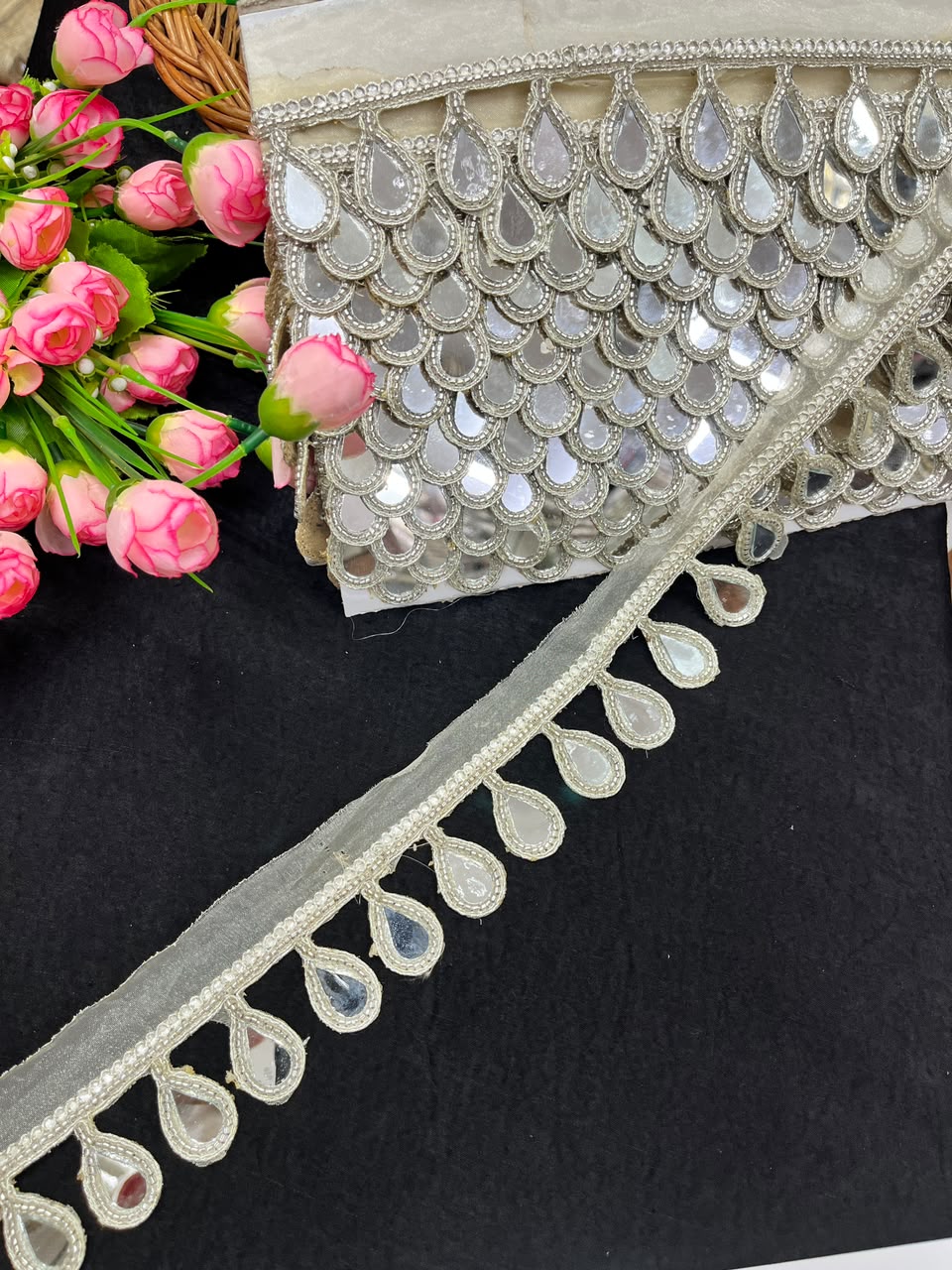 Hanging Mirror Lace for Sarees, Lehengas, Dupattas & Blouses – Designer Decorative Mirror Work Latkan Lace (1.5 Inch) | DC1036 | Pani Gold